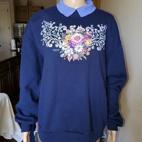 Women's vintage‎ blue Flower Floral Rose Sweater - Picture 5 of 6